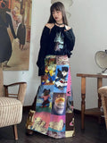 Vevesc Design Aesthetics Skirts for Women Cartoon Print High Waist Long Skirt Spring Summer Fashion Cute All Match Vintage Clothing