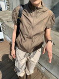 Vevesc Sun Protection Solid Thin Chic Jackets Summer Vintage Slim Stand Neck Coat Casual Zipper Y2k Aesthetic Cargo Short Sleeve Coats