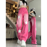 Vevesc American Vintage Star Print Street Denim Pants 2024 Autumn Sweet Pink Trousers Women Y2k Grunge High Waist Wide Leg