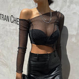 Vevesc Solid Color Sparkly Hollow Mesh Slant Shoulder Irregular Collar Sexy Women Crop Top