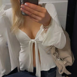Vevesc Twist Lace Up long-Sleeved T-shirt For Women Hollow Out Solid Pleated Sexy Deep V-neck Casual Top Hot Girl Autumn Fashion
