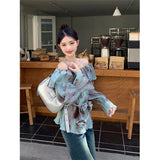 Vevesc Vintage 90S Tie Dye Shirts Women Sexy Slash Neck Flare Long Sleeve Blouses Summer Korean Elegant 3D Flower Casual Tops New