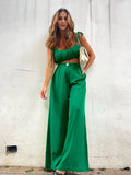 Vevesc Women Sexy Elegant Fashion Camis Wig Leg Pant Set Summer Solid Green Outfits High Waist Loose 2 Two Piece Set For Women