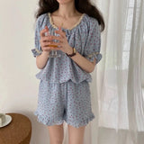 Vevesc Floral Print Summer Pajamas Set Women Shirts Tops + Shorts Set Two Piece Ruffles Sweet Home Suit Home Clothes Korean