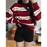 Vevesc Japanese Vintage Red White Striped Sweater Knitted Sueter Mujer Women Tops Y2k Pullovers O Neck Long Sleeve Casual Street