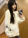 Vevesc Spider Print O-Neck Long Sleeve Knitted Vintage Sweaters Women American Oversize Sueter Mujer Hiphop Grunge Pullovers Y2k