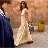 Vevesc  Elegant Patchwork Long Dress Women O-neck Sleeveless Pleated Female Dresses 2025 Summer Holiday Solid A-line Lady Loose Robe