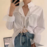 Vevesc Streetwear White Shirts Women Harajuku Oversized Bandage Blouses Korean Elegant Long Sleeve Lace Up Casual Chic Tops New