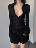 Vevesc Solid See Through Sexy Hooded Tops Vintage Bottoming Harajuku T-shirt Women Y2k Aesthetic Single Breasted Grunge Tees Streetwear