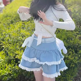 Vevesc Summer Fairycore Cake Skirt for Women Y2k E-Girl High Waist Lace A-line Skirts Harajuku Ruched Blue Faldas Mujer