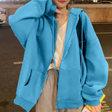 Vevesc Korean Fashion All Match Zipper Hoodies Sweatshirt Pullover Y2K Zipper Pocket Drawstring Women Clothing Sky Blue Casual Jakets