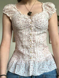 Vevesc  Sweet Floral Print Cute Prairie Chic Women Causal Shirts Summer Fashion Trendy Japan Style Blouses