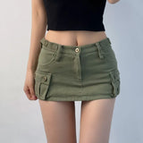 Vevesc Denim Cargo Mini Skirt Women Korean Style Low Waist Slim Sexy Vintage Streetwear Green Jean Skirt Y2k Girl Summer