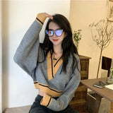 Vevesc Retro V Neck Sweaters Women Patchwork Cropped Pullovers Streetwear Korean Fashion Loose Casual Long Sleeve Jumpers Tops