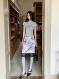 Vevesc  Graffiti Velvet Lace Hem Knee Length Skirt For Woman High Waist A Line Purple Skirt Summer Clothes 2025