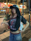 Vevesc Korean Sexy Tee Y2k Letter Print Off Shoulder Punk T-shirts Women Harajuku Streetwear Grunge T Shirt Aesthetic Loose Crop Tops