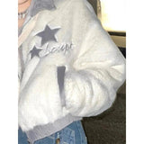 Vevesc Harajuku Cropped Jacket Women Y2K Faux Fur Coat Vintage Star Embroidery Zipper Fleece Short Outerwear Autumn Winter Tops