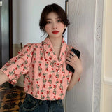 Vevesc Vintage Shirts Women Sweet Elegant Floral Print Blouses Summer Retro Streetwear Harajuku Korean Loose Casual Cardigan Tops New