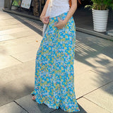 Vevesc  Boho Chic Floral Print Cotton Maxi Skirt Women Y2K Streetwear Lace-up A-line Long Skirt Korean Fashion Holiday Style