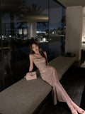 Vevesc  Evening Dress Women French Style Swinging Collar Shiny Sequin Folds Waist Slim Fishtail Long Dresses Temperament Summer