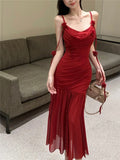 Vevesc  Sexy 3D Flowers Suspender Party Dress Women Sleeveless High Waist Slim Folds Mesh Mid Length Evening Dresses Elegant