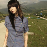 Vevesc American Harajuku Personality Lrregular Buttons Japanese Blouse Temperament Vintage Constrast Color Plaid Shirt Y2k 2000s Clothe