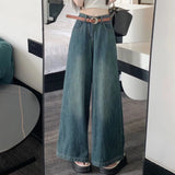 Vevesc Vintage Blue Wide Leg Jeans Women Y2K Spring New High Waist Loose with Belt Denim Trousers Female Korean All-Match Streetwear