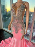 Vevesc Pink Luxury Women Long Black Girls Prom Dresses Sparkly Mermaid Style Beaded Crystals Prom Party Gowns