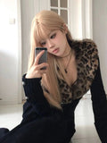 Vevesc Detachable Leopard Print Fur Collar Tops Mujer Autumn Winter New Slim Fit Sweaters  Black Long Sleeve Cardigan Women