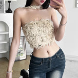 Vevesc Solid Color Woolen Grass Sequins Fashionable Avant-garde All-match Sexy Cool High Street Women's Autumn Halter Vest Crop Top