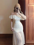 Vevesc  French Sexy Matching Sets Slash Neck Ruffles Sleeveless Crop Tops High Waist Gauze Patchwork Skirt Summer Elegant Women Clothing