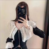 Vevesc French Elegant Fairy Patchwork Lace Tun Down Collar Cardigan Spliced Design High Street Women Clothing Portable Zipper Slim Tee