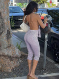 Vevesc  Sexy 2piece Set Leopard Print Women Backless Sleeveless Deep v-Neck Halter Bodysuits+Stretch Shorts Street Matching Suit