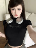 Vevesc 2024 Letter Rhinestones Short Sleeve T-shirts Half High Collar Basic Vintage Cropped Tops Women Y2k Aesthetic Slim Harajuku Tees