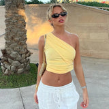 Vevesc Y2K Casaul Solid Color Summer Women T Shirt Pullover Slash Neck One Shoulder Sleeveless Crop Tops Ruched Slim Basic El