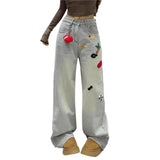 Vevesc  New Knitted Pattern Patchs High Waist Wide Leg Denim Jeans Pant For Woman Cute Washed Blue Pant Soft Comfortable Trousers