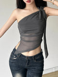 Vevesc Sexy Streetwear Gauze Vintage Skew Collar Tank Women Y2k Aesthetic Irregular Tops Summer Grunge Bandage Fairy Crop Camisoles
