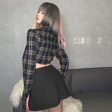 Vevesc Y2k Harajuku American High Street Turn Down Collar Long Sleeve Blouse High Waist Plaid Sid Drawstring Shirts Punk Girl Clothes