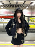 Vevesc Vintage Fashion Fake Two Piece Leopard Print Hooded Jackets+ Y2k High Waist Bodycon Skirts Autumn New Black Sets