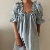 Vevesc Y2K Kawaii Short Puff Sleeves Mini Dress Vintage Square Neckline Tie Up Bodydall Dress Daily Party Club Loose Fit A-line Dress