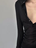 Vevesc Solid See Through Sexy Hooded Tops Vintage Bottoming Harajuku T-shirt Women Y2k Aesthetic Single Breasted Grunge Tees Streetwear