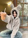 Vevesc New Lazy Fluffy Rabbit Ears Hoodie Coat Women Y2k Long Sleeve Zipper Tops Mujer Autumn Winter Thicked Warm Jackets