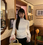 Vevesc New Elegant Korean All Match Patchwork Lace Long Sleeve Base Pullovers Solid Simple High End Punk Clothes Y2k Temperament Tops