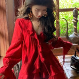 Vevesc Elegant V-neck Ruffles Long Sleeve Tops Women+ Y2k E-Girl High Waist Ruched A-line Skirts Spring New Red Two Piece Sets