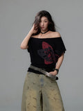 Vevesc Black Color American High Street Sexy Off The Shoulder Tops Harajuku Punk Bow Print Summer Commuter Shirts Y2k Aesthetic Tees