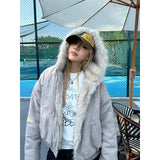 Vevesc American Retro Fur Collar Hooded Zipper Jacket Fashion High Street Zippered Hooded Jacket Harajuku Hip Hop Y2k Hooded Jacket