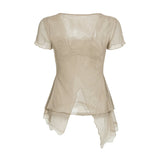 Vevesc  Multi Layered Asymmetric Top Women Contrast Color Lace Patchwork Short Sleeve T-shirt Fairycore Grunge Slim-fitting Tee