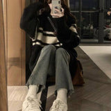 Vevesc Mid Length Women Oversize Sweaters Long Sleeve Y2k Japanese Vintage Striped Knitted Pullovers Preppy Style O Neck Sueter Mujer
