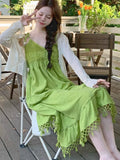 Vevesc Summer Green Designer Kawaii Dress Women Korean Style Elegant Beach Dress Female Backless Vintage Casual Suspender Dress