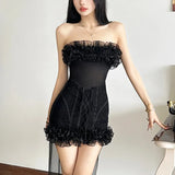 Vevesc Sexy Hot Girl Strapless Evening Dress Women French Elegant Socialite Sleeveless Lace-up Slim Fit Hip-wrapped Black Mini Dress